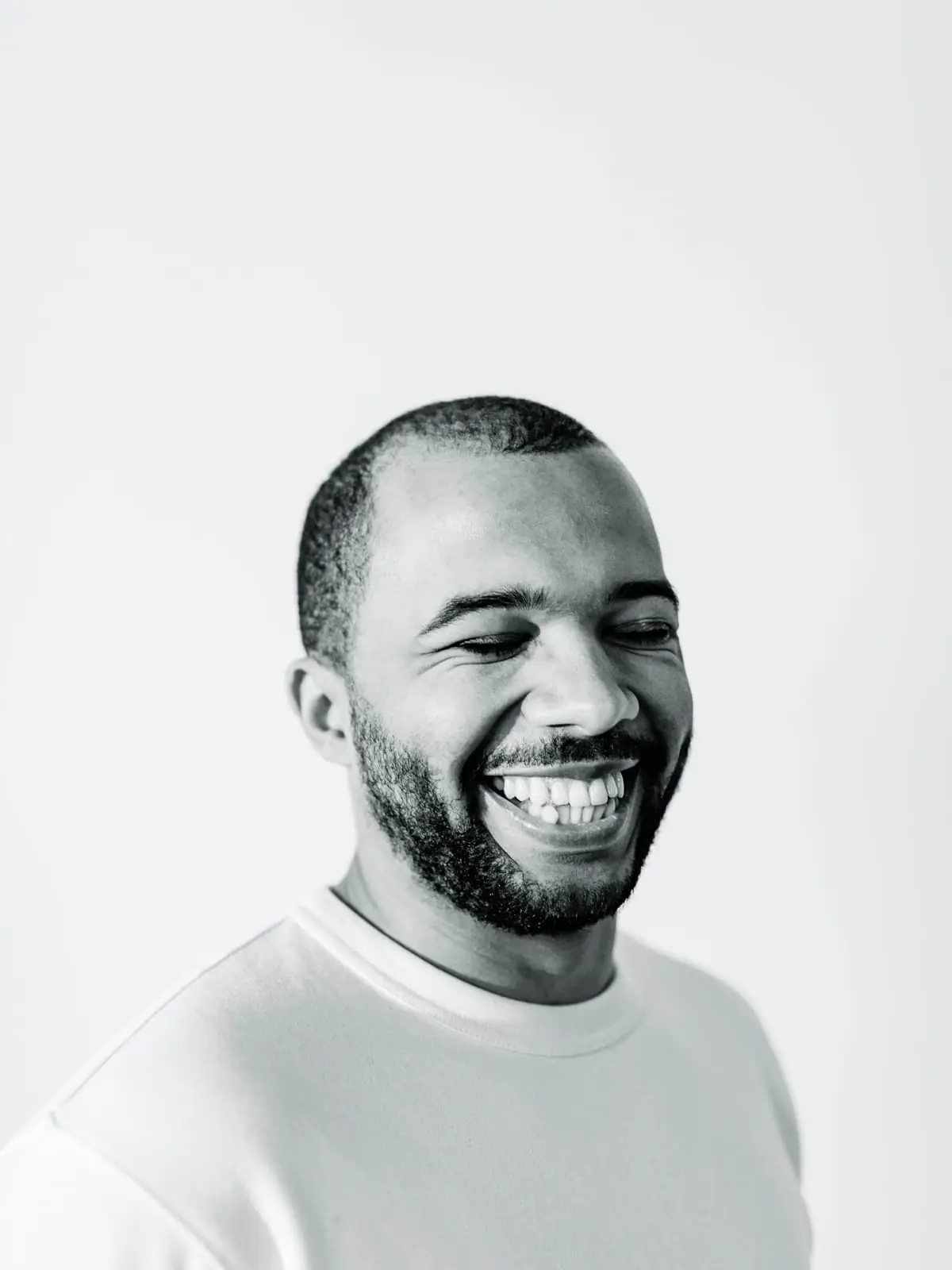 Candid laugh, black and white