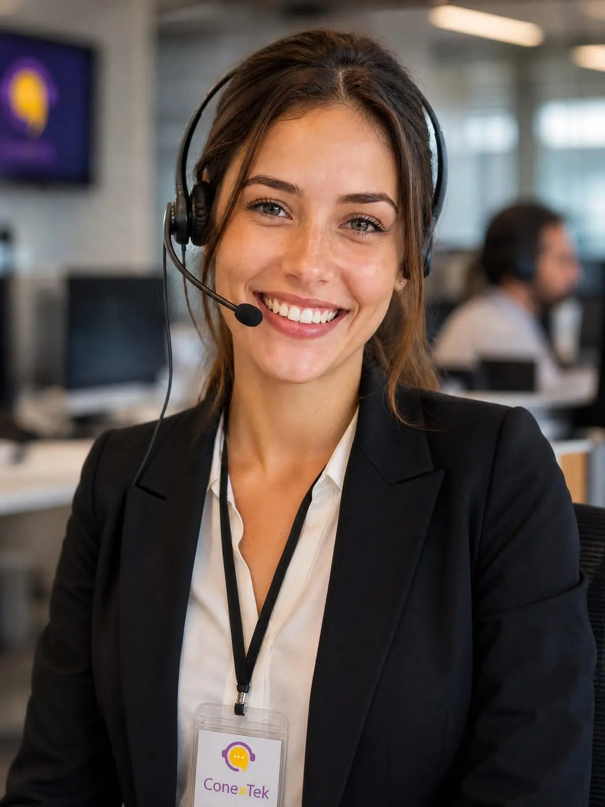 ConexTek agent wearing a branded badge, smiling mid-call