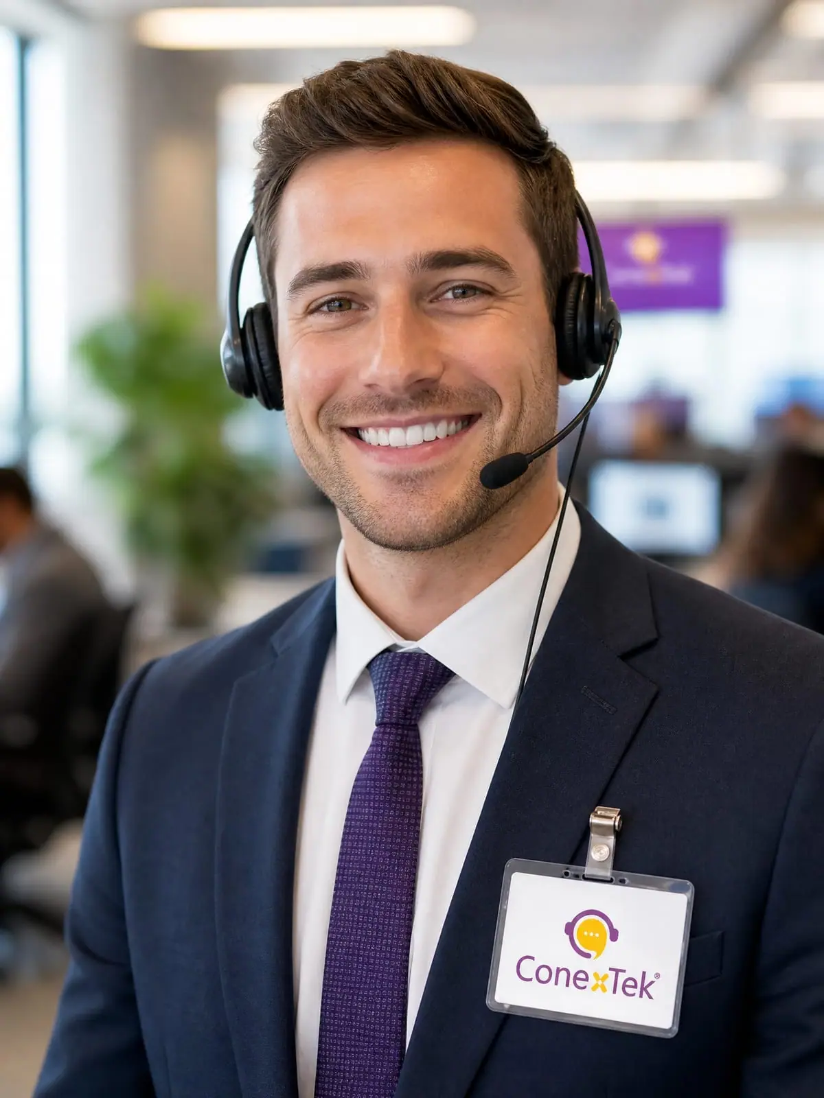 ConexTek agent, badge visible, mid-call